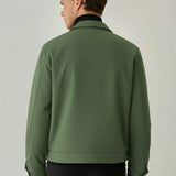 Back view of men's green jacket with stand collar and zip front