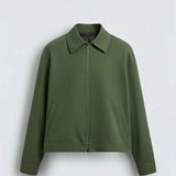 Men's green zip-front jacket with pointed collar and side pockets