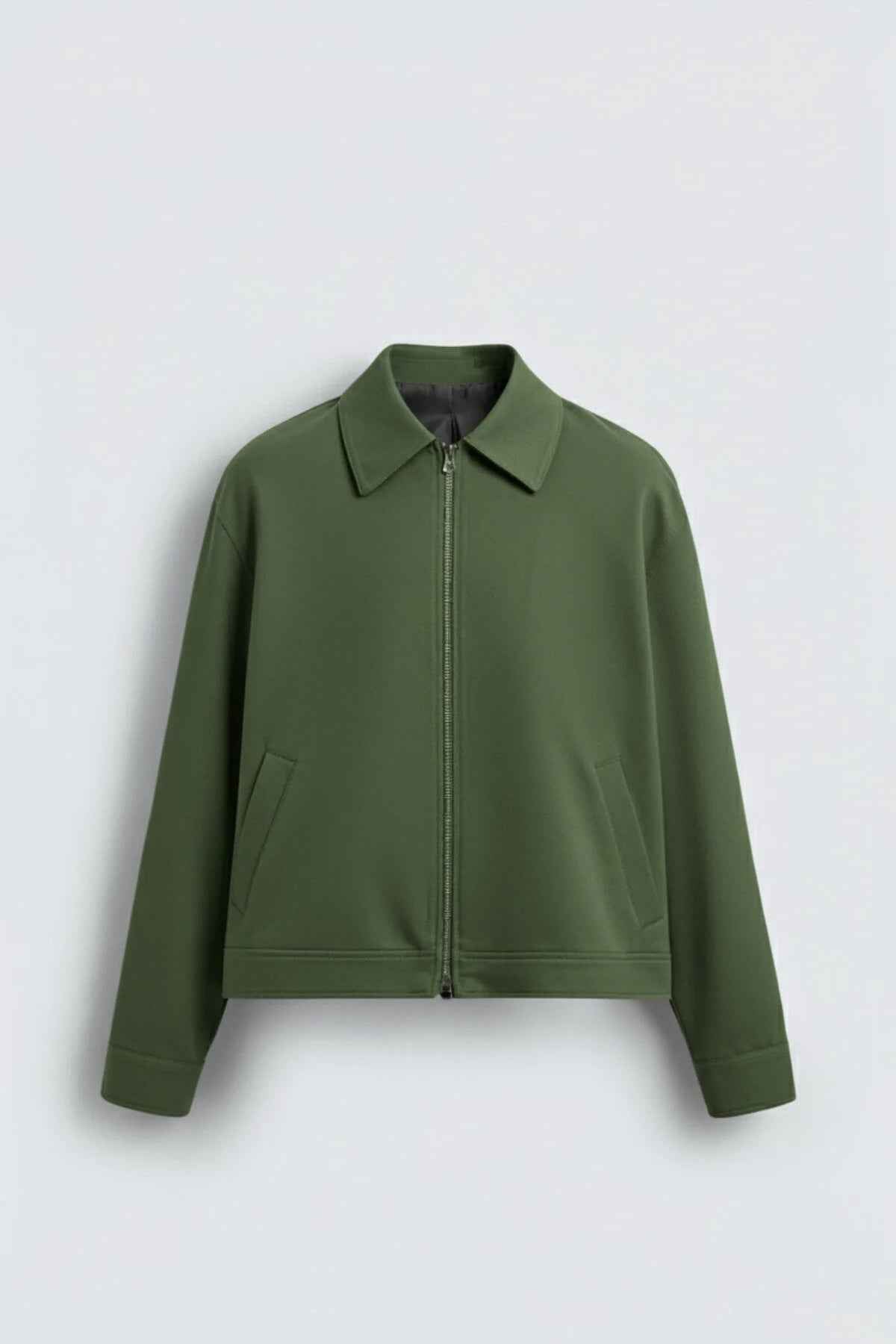 Men's green zip-front jacket with pointed collar and side pockets