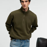 Olive zip stand-collar sweatshirt, relaxed fit, front view
