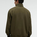 Olive zip stand-collar sweatshirt, relaxed fit, back view