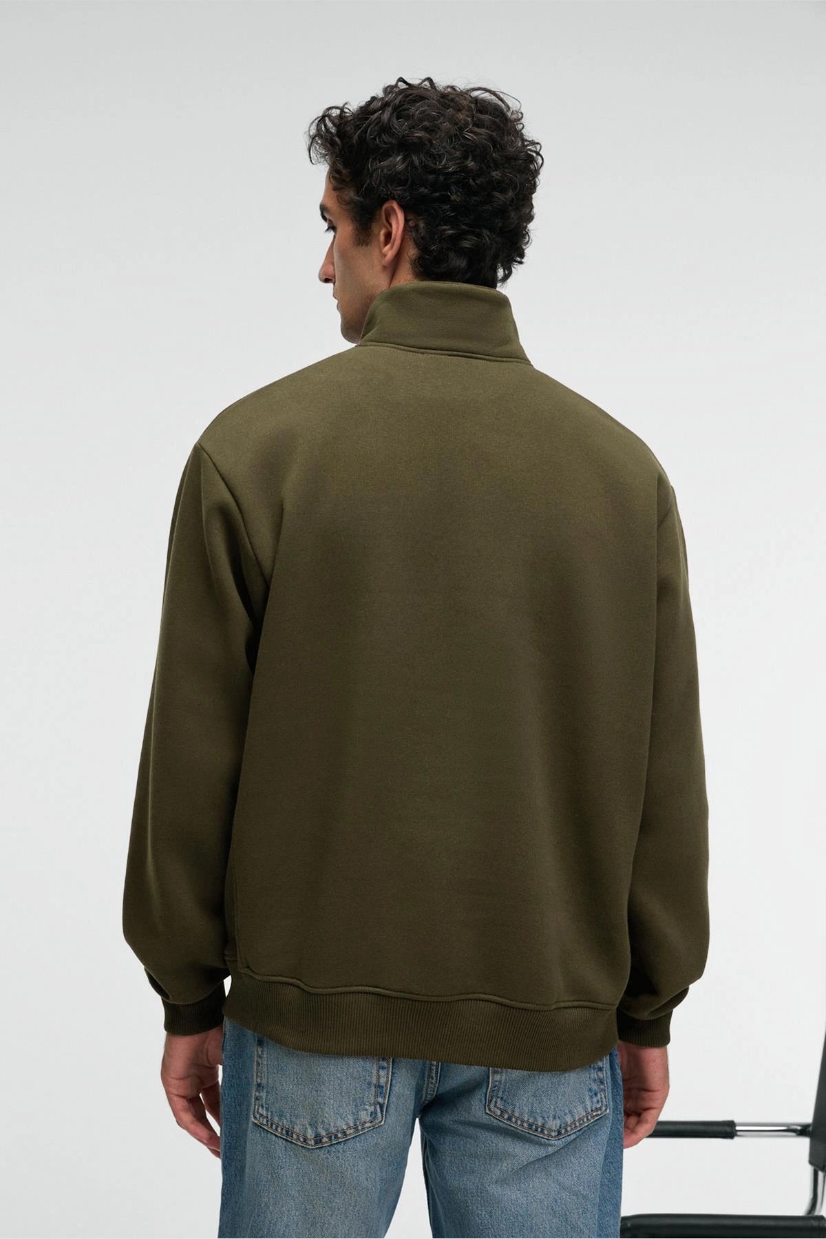 Olive zip stand-collar sweatshirt, relaxed fit, back view