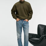Olive zip stand-collar sweatshirt, relaxed fit, full body standing