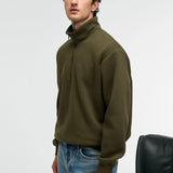 Olive zip stand-collar sweatshirt, relaxed fit, side profile