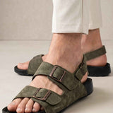 Men's RJ khaki suede sandals with two buckled straps and open toe, dark rubber sole