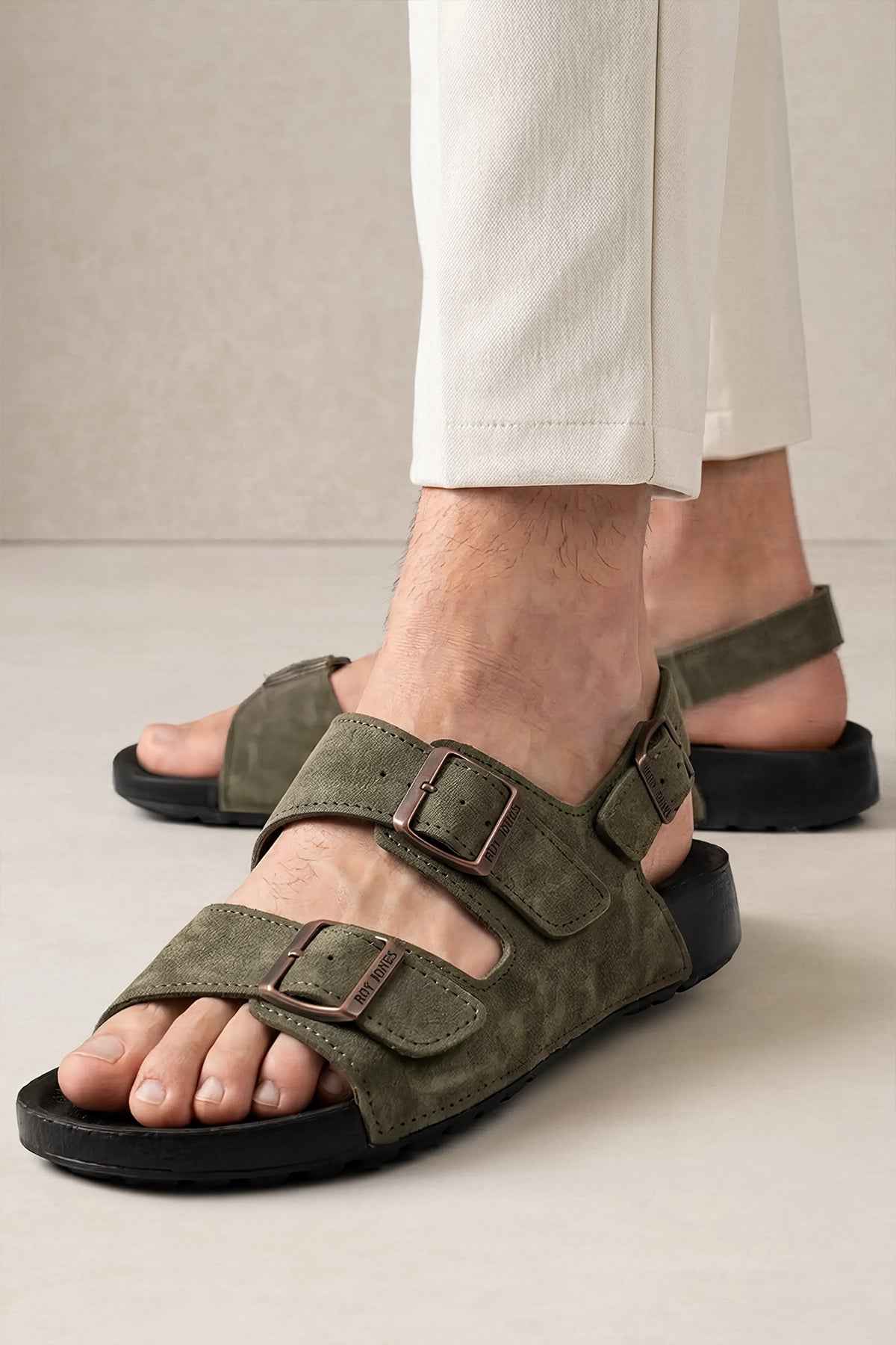 Men's RJ khaki suede sandals with two buckled straps and open toe, dark rubber sole