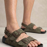Men's RJ khaki sandals with two adjustable buckle straps and open toe, black rubber sole