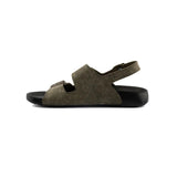 Men's RJ khaki sandals, olive suede open-toe with ankle strap and black sole