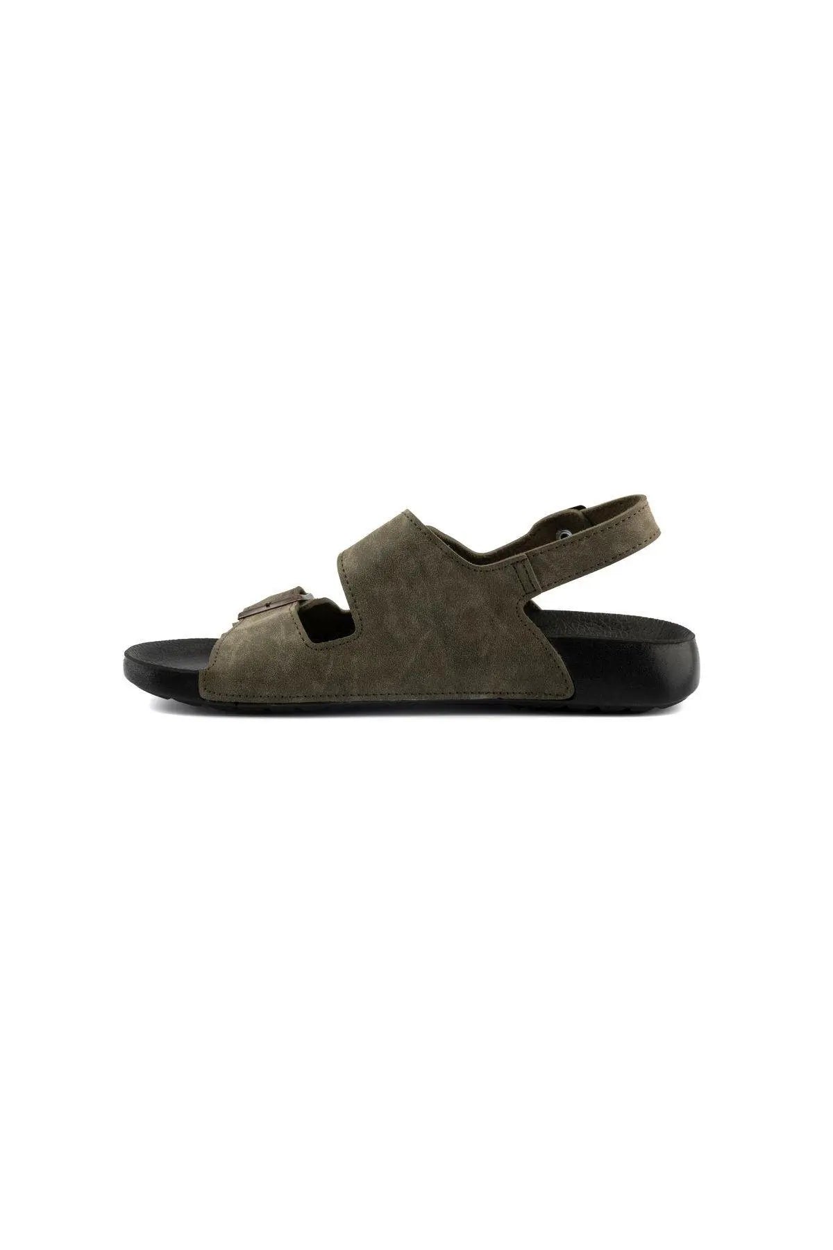Men's RJ khaki sandals, olive suede open-toe with ankle strap and black sole