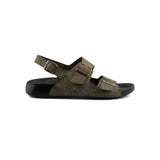 Men's RJ khaki sandals, olive suede with two buckled straps and black footbed
