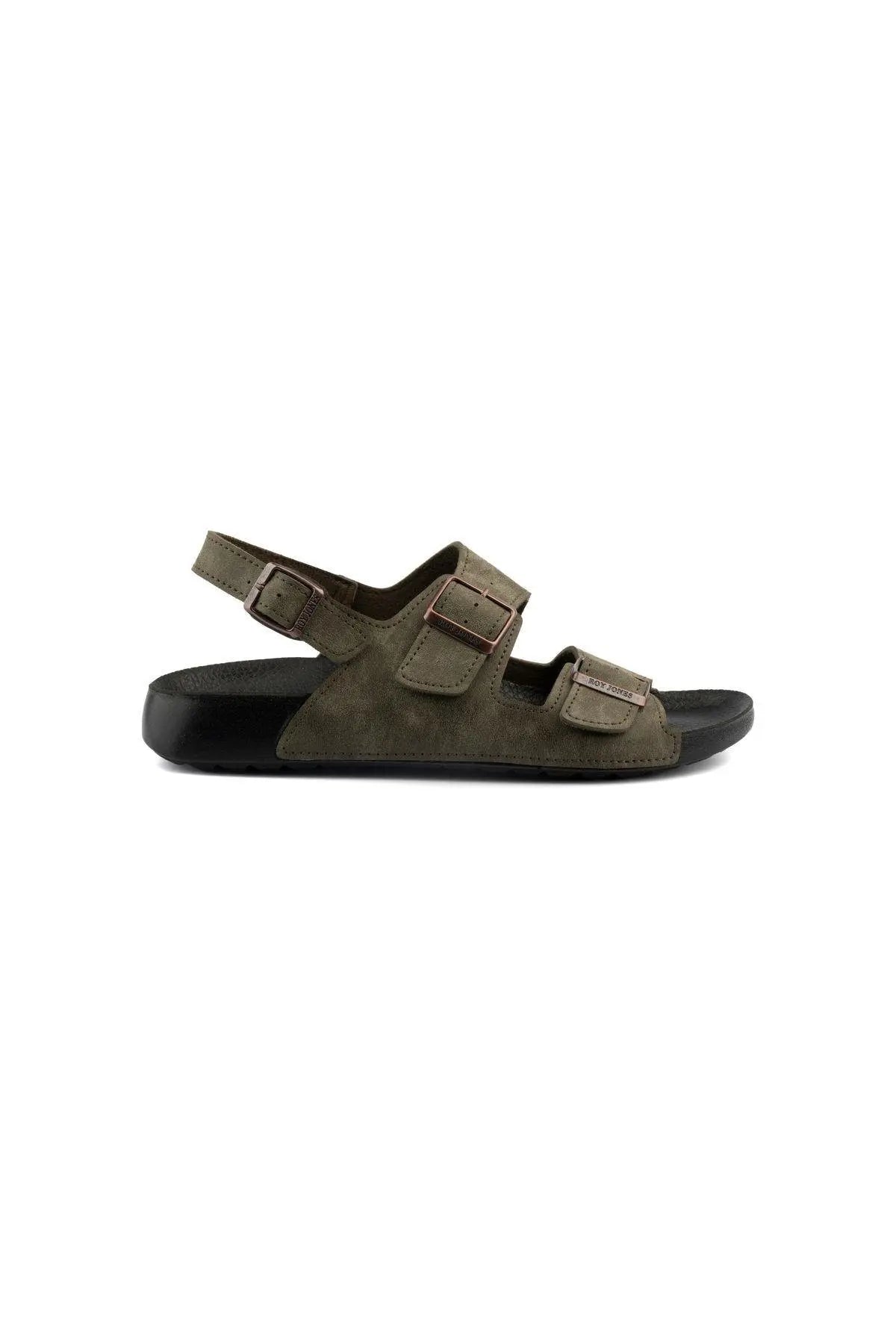Men's RJ khaki sandals, olive suede with two buckled straps and black footbed
