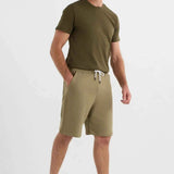 Men's olive khaki shorts with white drawstring and front pockets