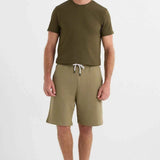 Men's olive khaki shorts, knee length, with white drawstring waist
