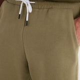 Men's olive khaki shorts waistband with white drawstring and elastic seam