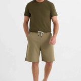 Men's olive khaki shorts with white drawstring, casual knee-length fit
