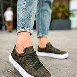 Men's khaki low-top sneakers with green laces, white rubber sole