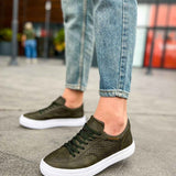 Men's khaki low-top sneakers, side view, green lace-up with white sole