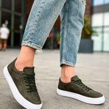 Men's khaki low-top sneakers, front view, green laces and white sole