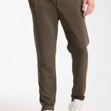 Men's khaki sweatpants with elastic waistband and drawstring, tapered legs
