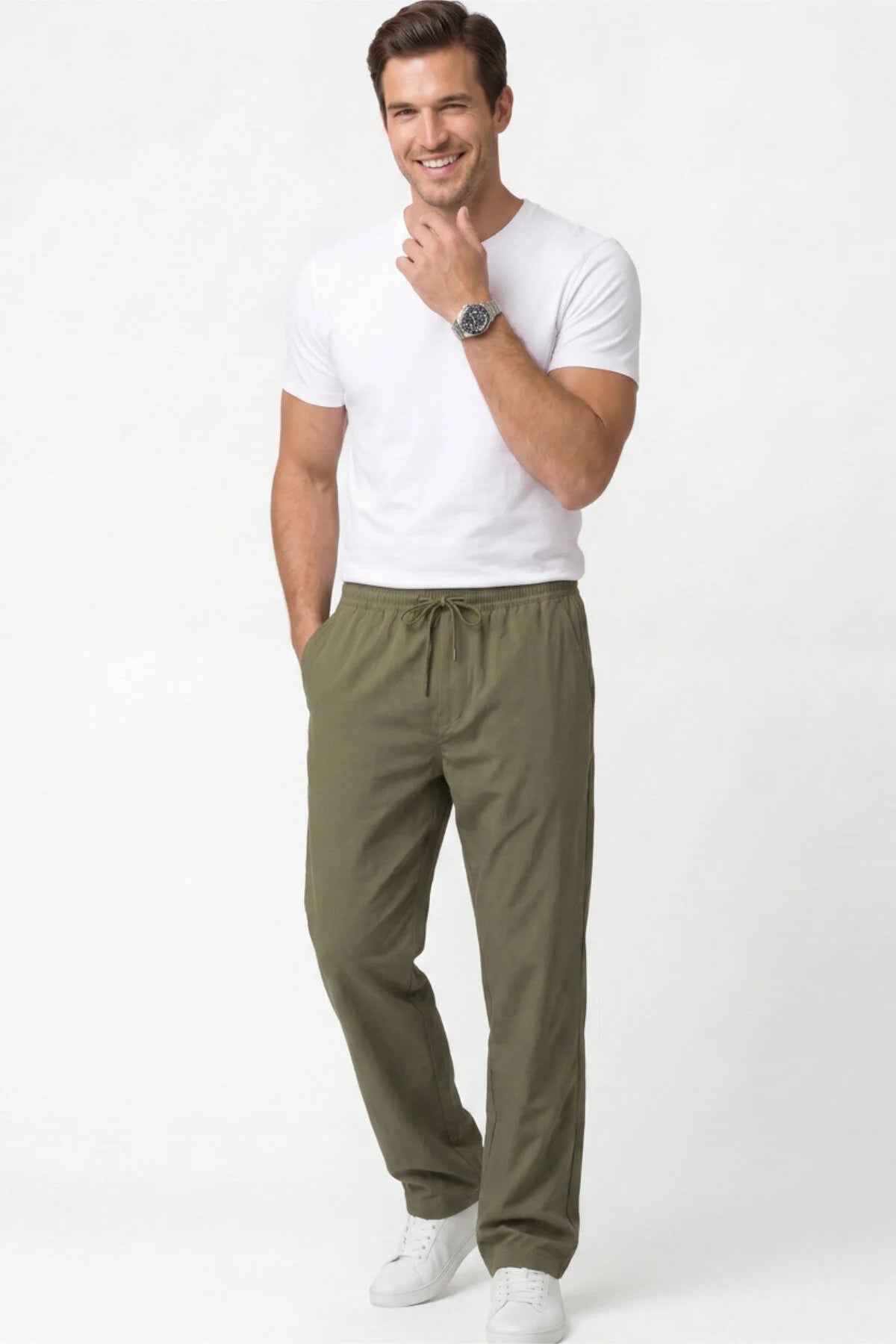 Men's khaki track pants with elastic drawstring waistband, ankle cuffs