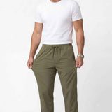 Men's khaki track pants with gathered elastic waist and relaxed straight legs