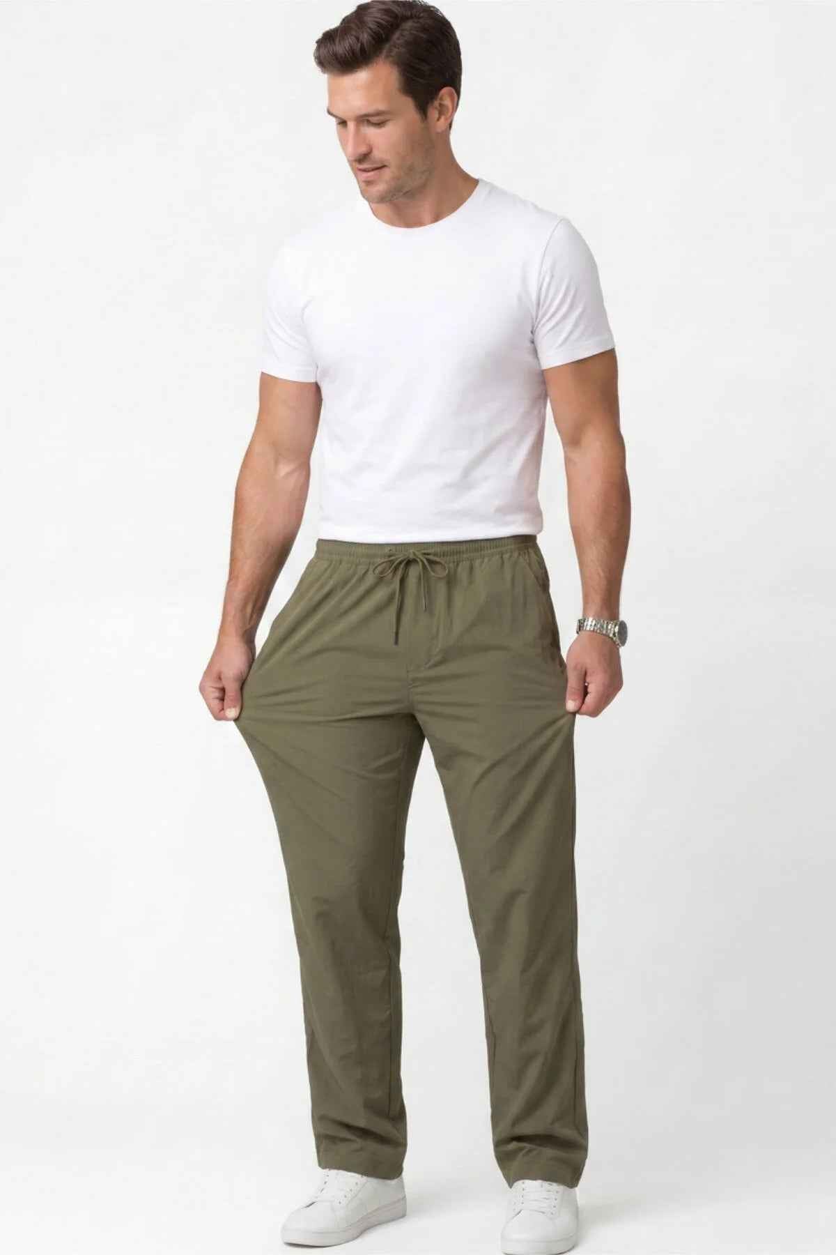 Men's khaki track pants with gathered elastic waist and relaxed straight legs