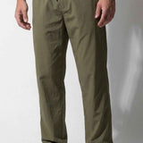 Men's khaki track pants front close-up, drawstring elastic waist, side pockets