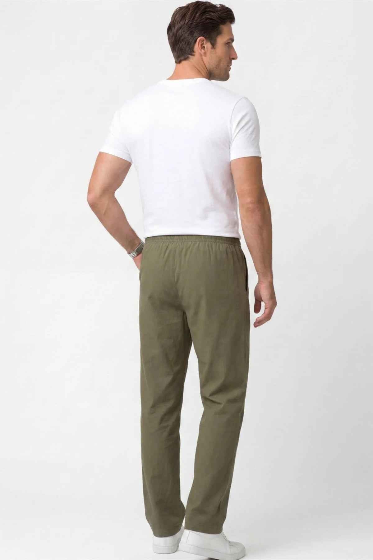 Men's khaki track pants back view, elastic waist and ankle cuffs