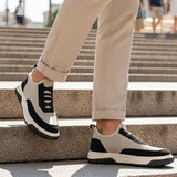 Men's knit sneakers, beige and black with striped side panels and lace-less look