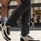 Men's knit sneakers, beige knit upper with black accents and thick white sole