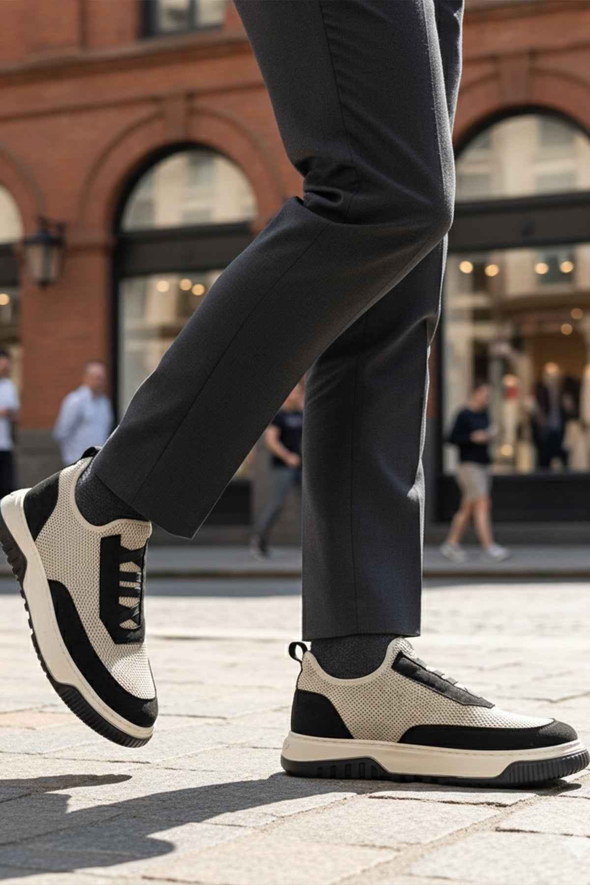 Men's knit sneakers, beige knit upper with black accents and thick white sole