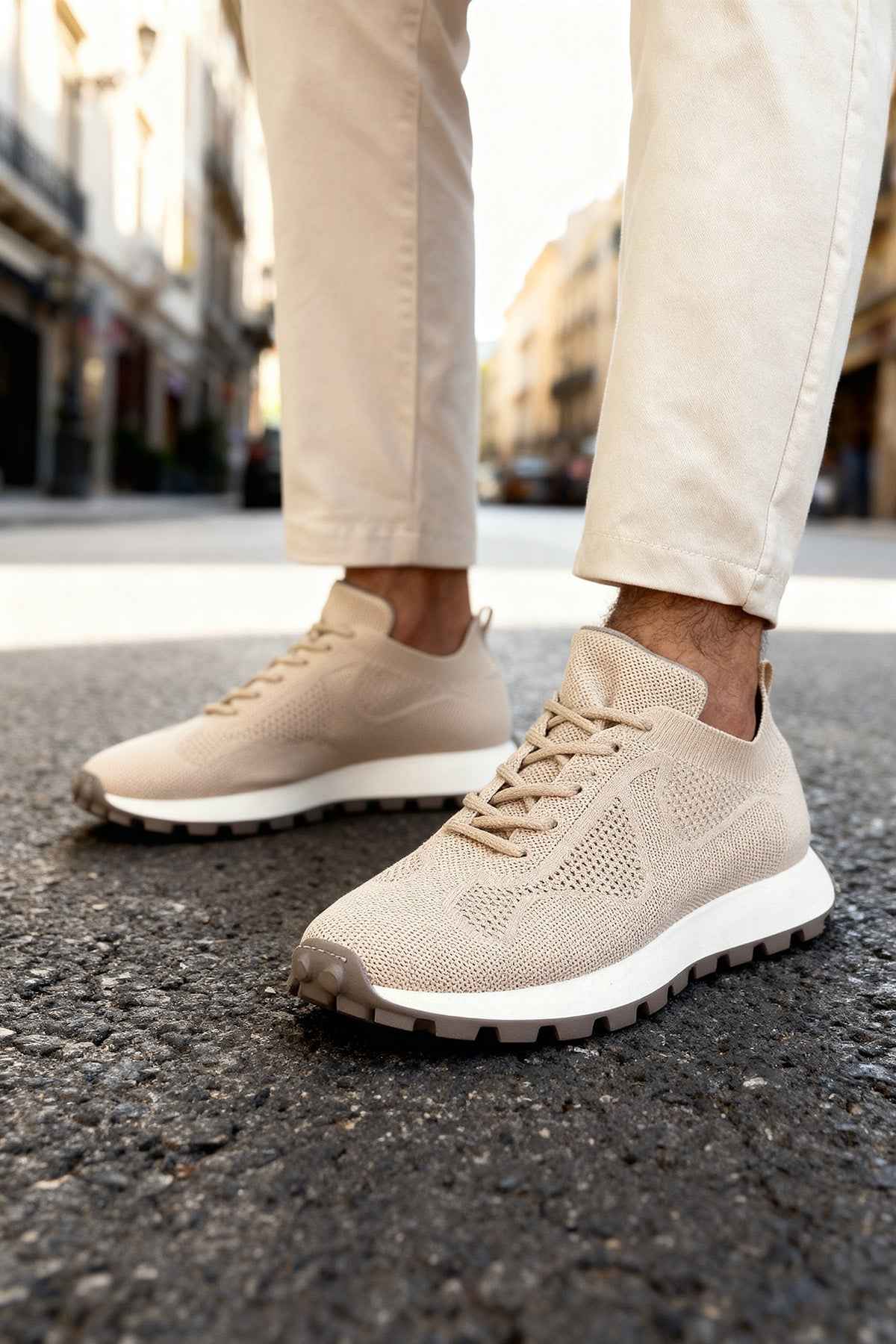 Beige knit men’s sneakers with lace-up front and cushioned sole