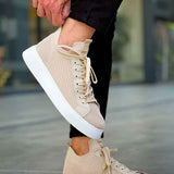 Beige knit lace-up sneakers with white sole, side view