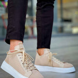 Beige knit sneakers with lace-up closure and white rubber sole