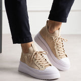 Men's beige knit sneakers with white rubber sole and lace-up front