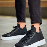 Men's black knit sneakers with lace-up eyelets and white rubber sole
