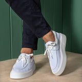 White and light blue lace-up knit sneakers, front view with white laces and sole.