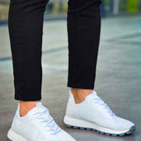 White knit low-top sneakers, lace-up with treaded rubber sole