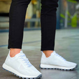 White knit low-top sneakers with lace-up vamp and chunky tread sole
