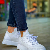 Men's knit white lace-up sneakers, low-top with textured knit upper