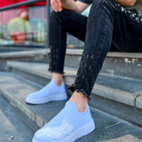 Men's white knit low-top sneakers, slip-on style with textured upper