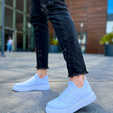 Men's white knit sneakers, low profile slip-on with cushioned looking sole