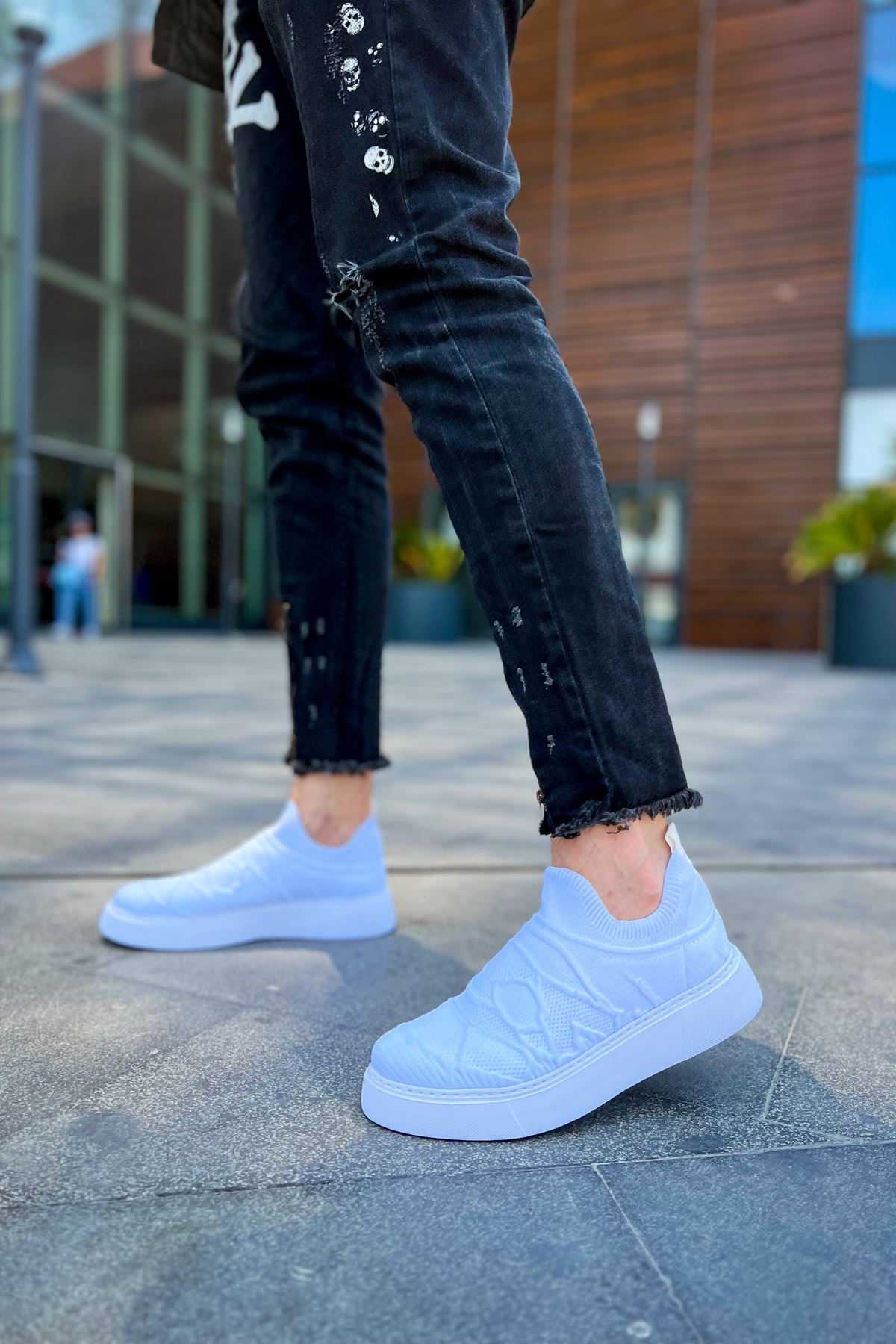 Men's white knit sneakers, low profile slip-on with cushioned looking sole