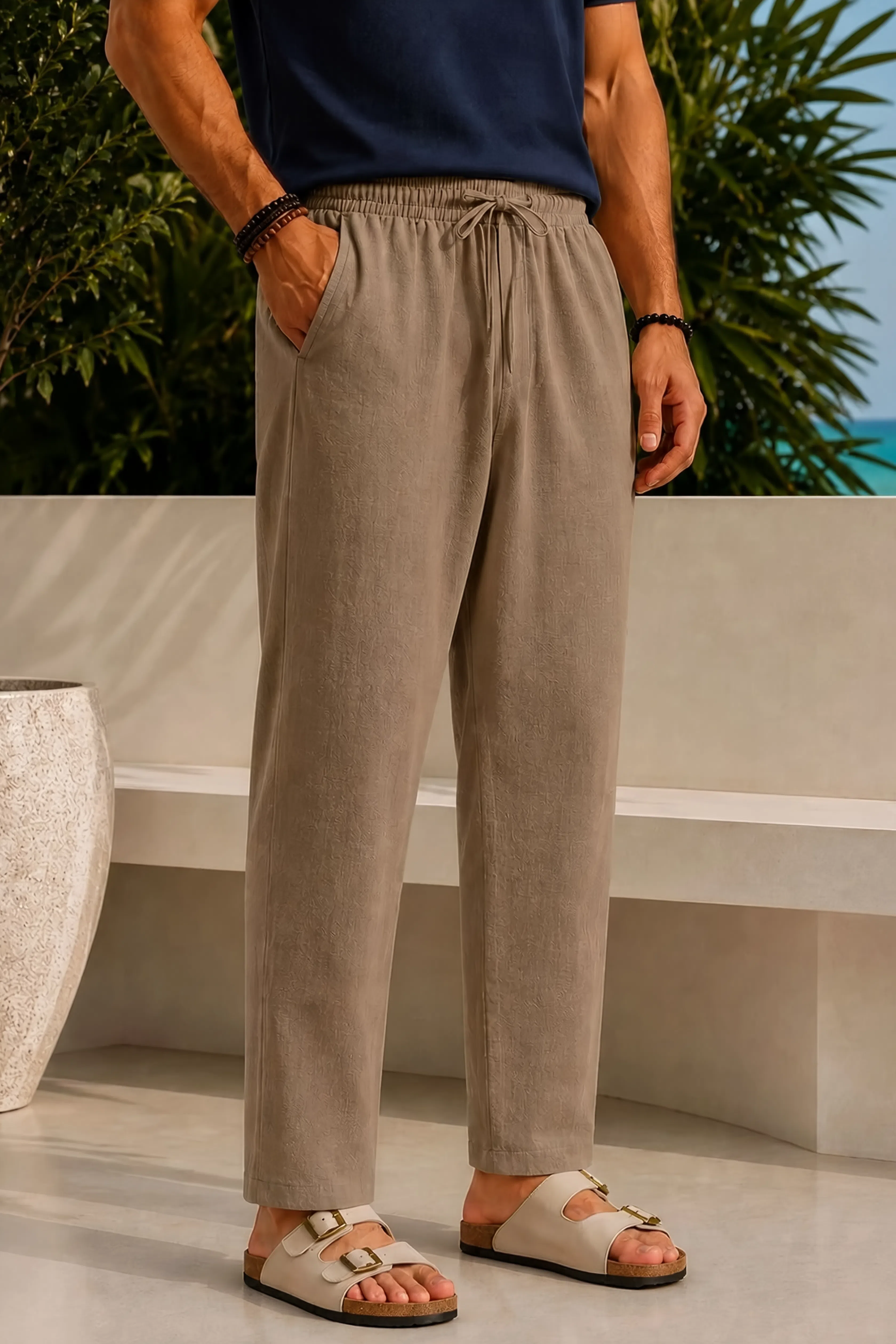 Men's linen beige pants with elastic waist and side pockets (NL)