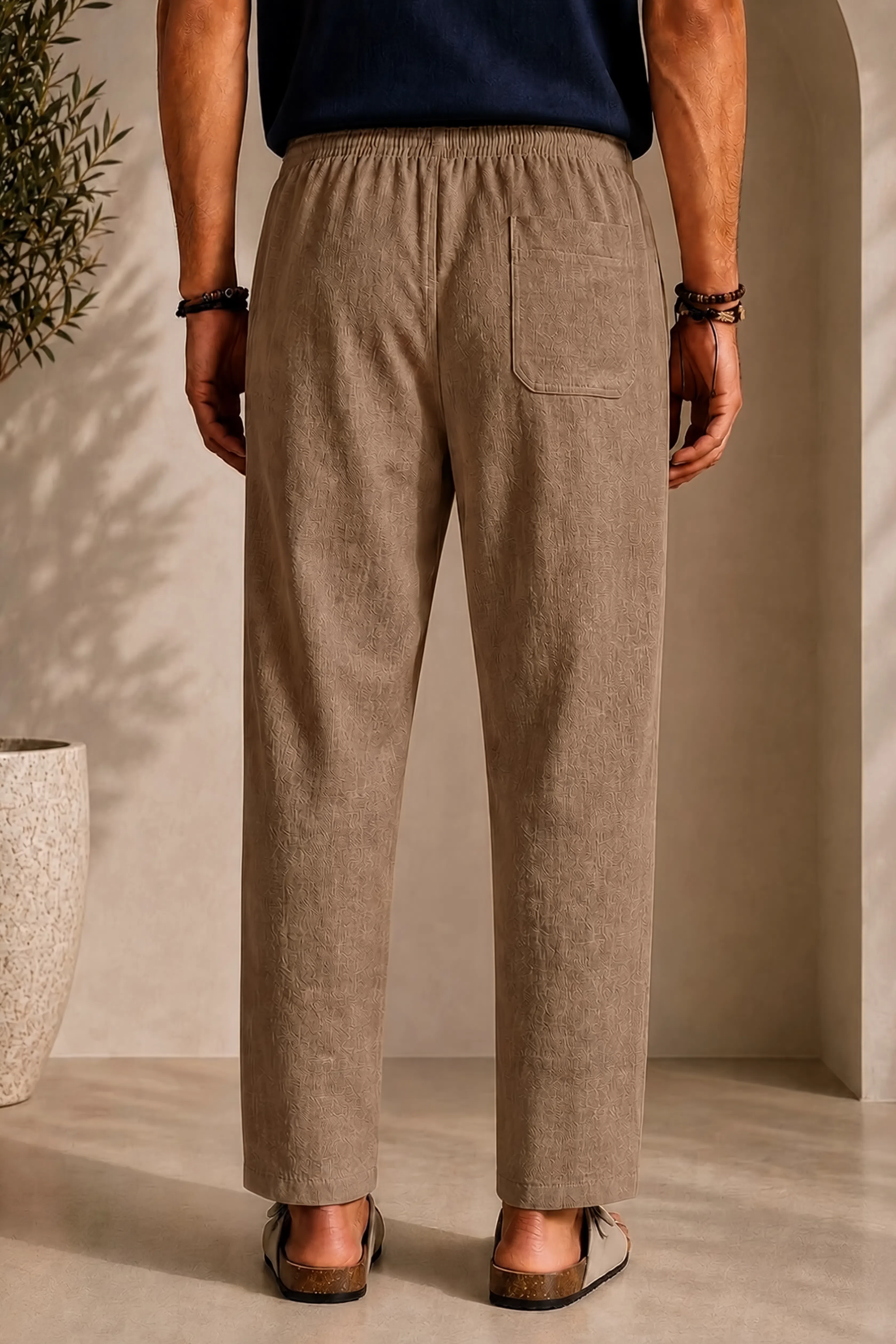Men's linen beige pants with straight legs and side pockets, (NL)