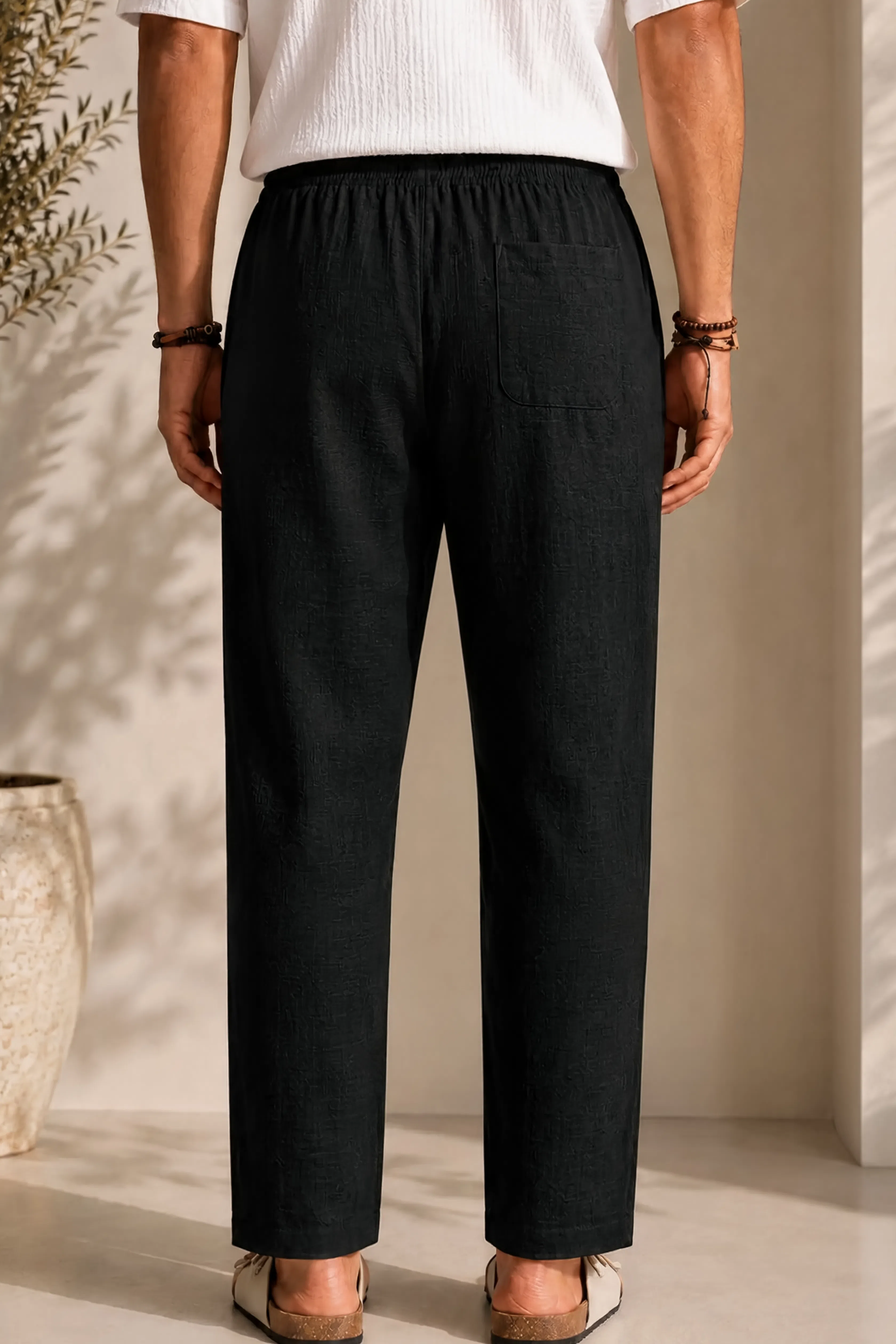Men's linen black pants with relaxed straight-leg fit