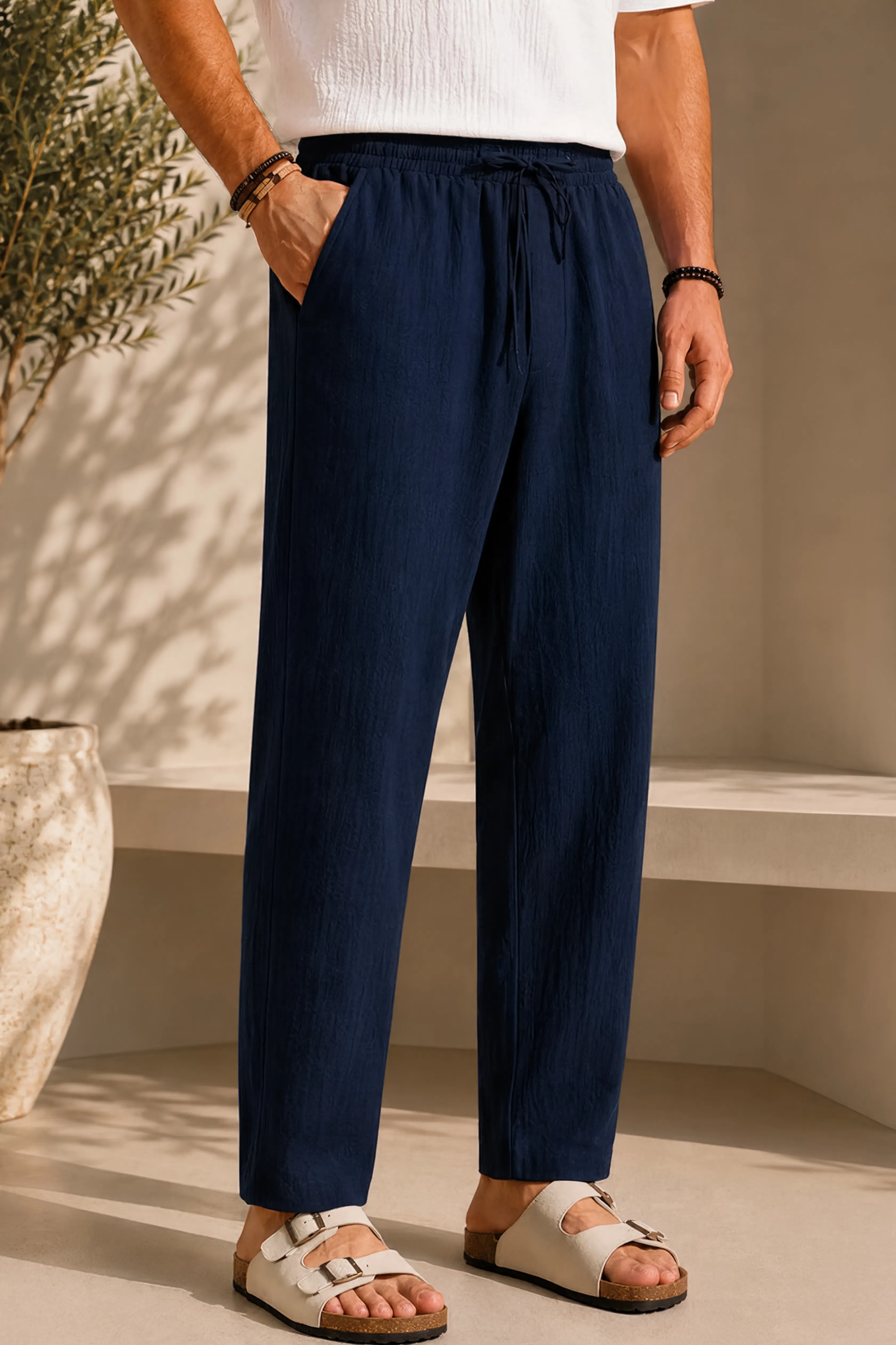 Men's linen pants in navy blue, drawstring elastic waist, ankle-length, side pockets