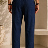 Men's navy linen pants, elastic drawstring waist, straight ankle fit, side pockets