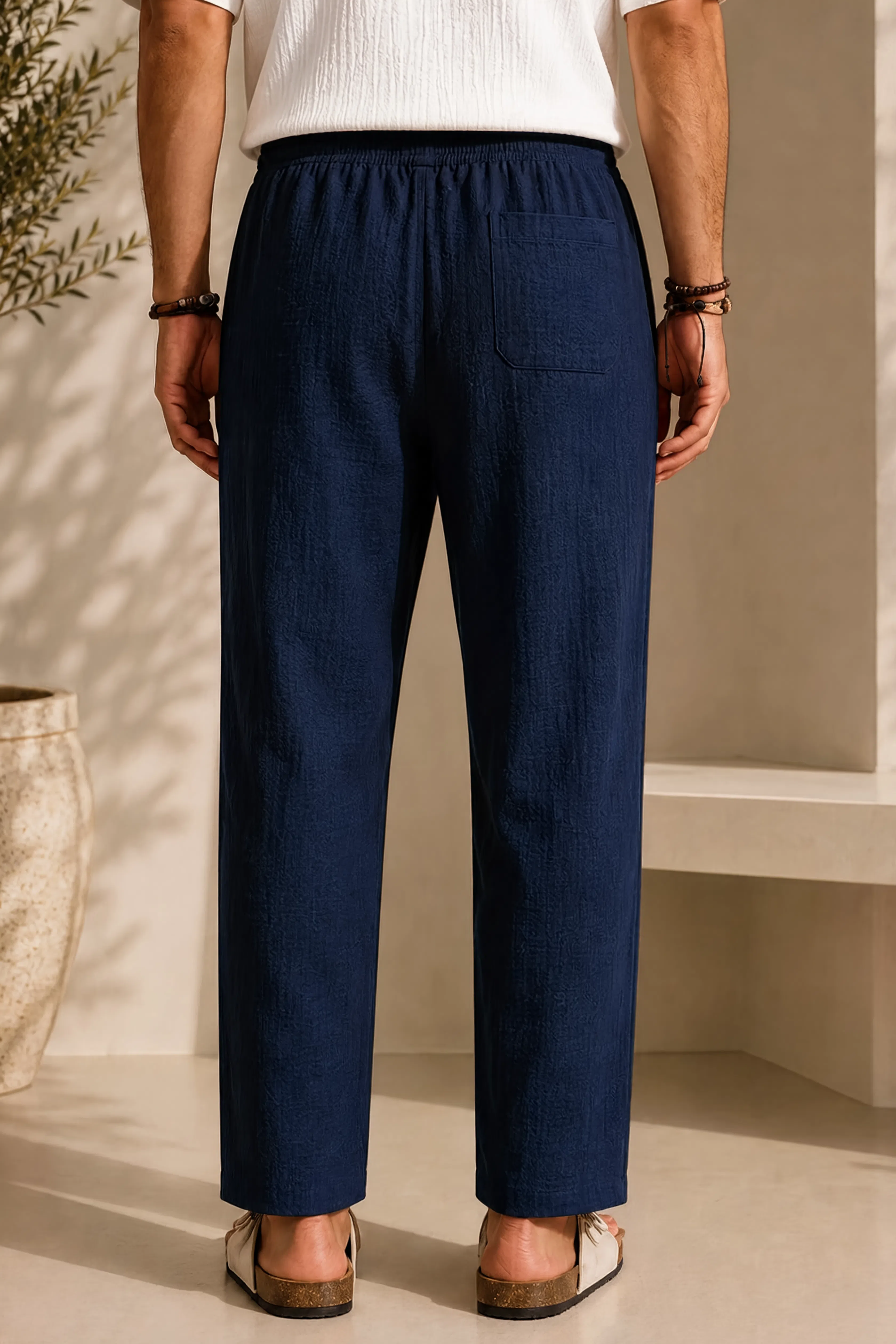 Men's navy linen pants, elastic drawstring waist, straight ankle fit, side pockets