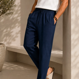 Men's linen pants in navy blue, elastic waistband with drawstring, relaxed fit, pockets